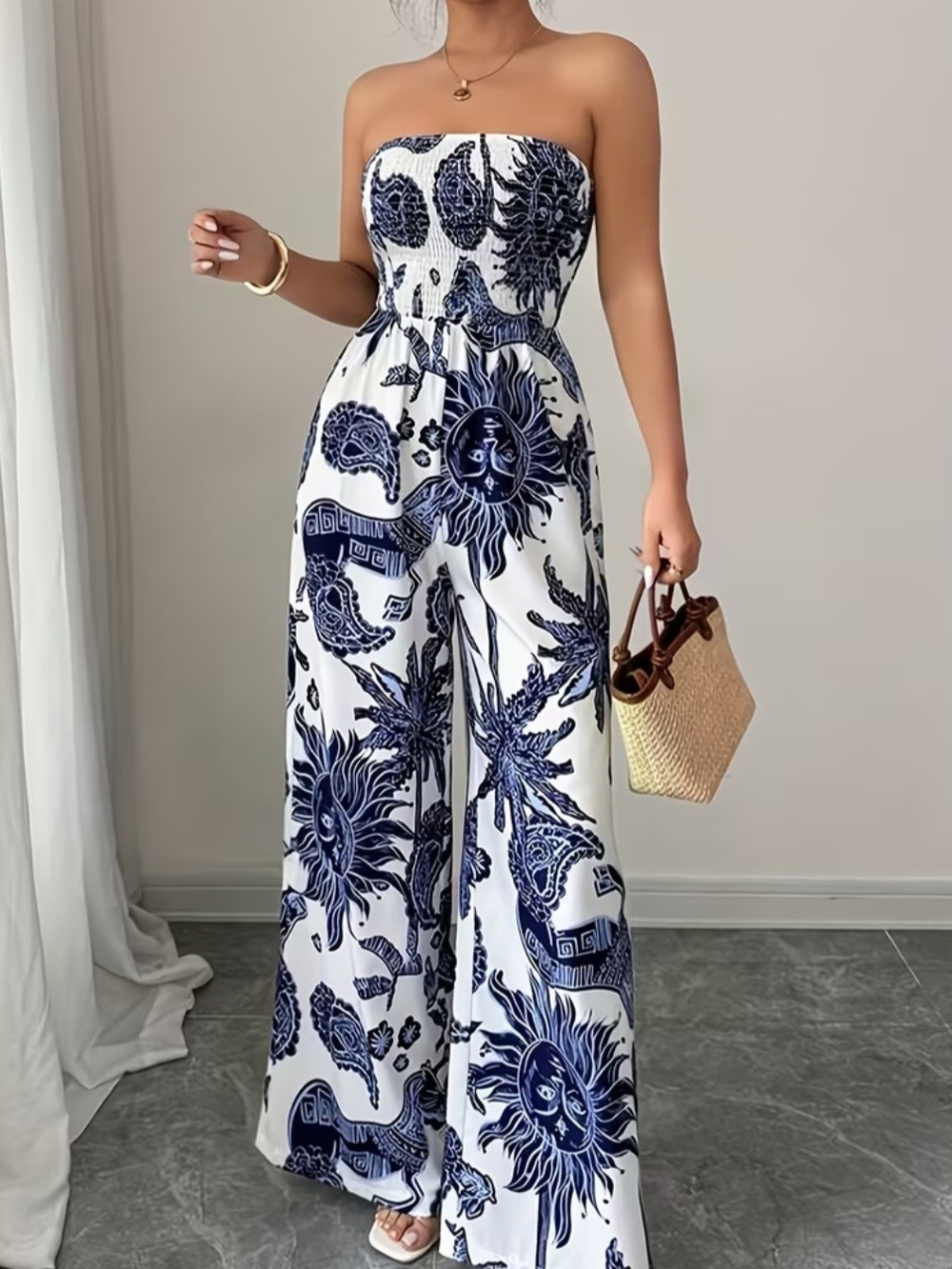 Strapless White & Navy Sun-Print Wide-Leg Jumpsuit